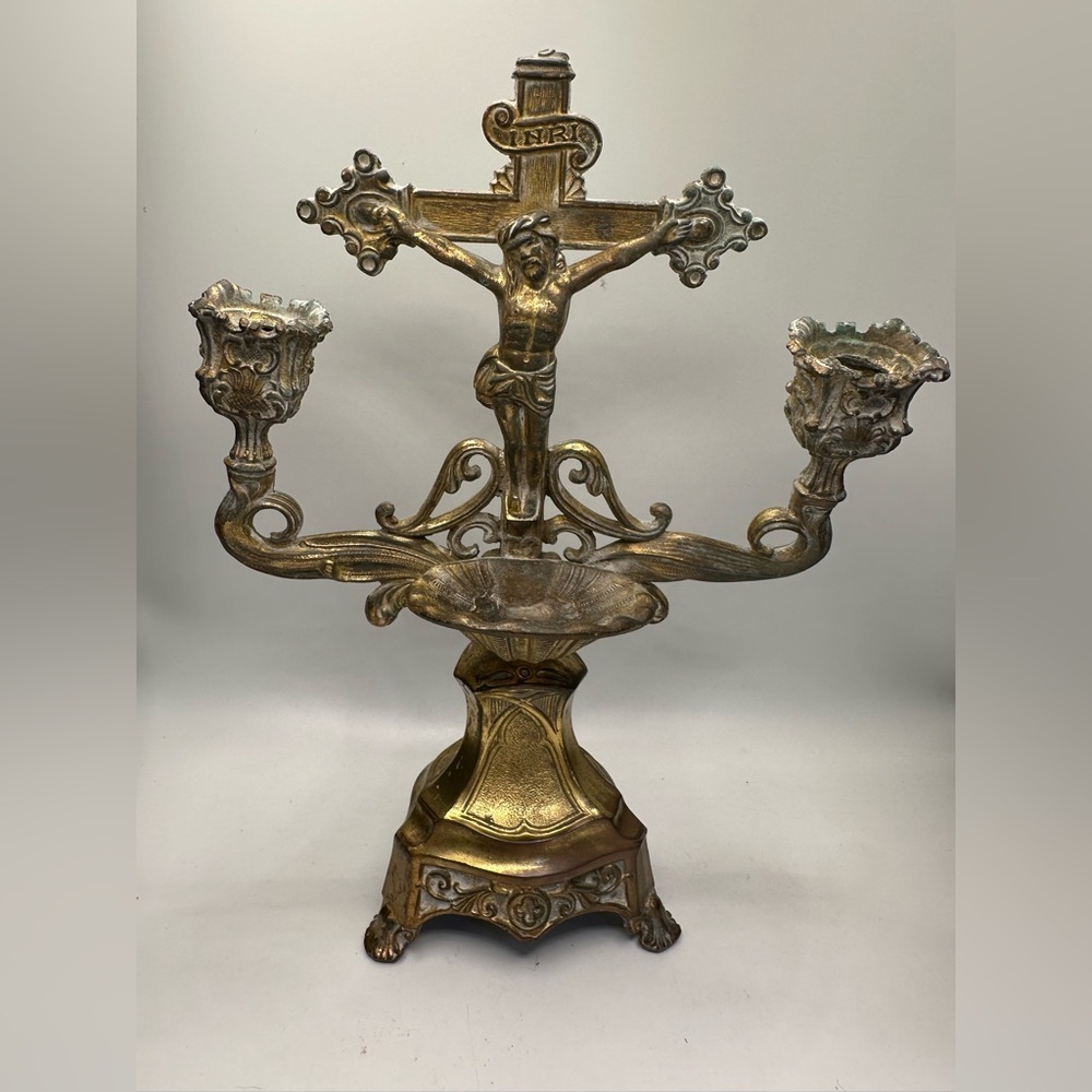 Altar Brass Jesus Christ Crucifix Cross Candle Holder Holy Water Dish Catholic